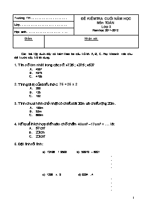 Đề kiêm tra cuối năm học môn Toan Lơp 3 - Năm hoc 2011-2012
